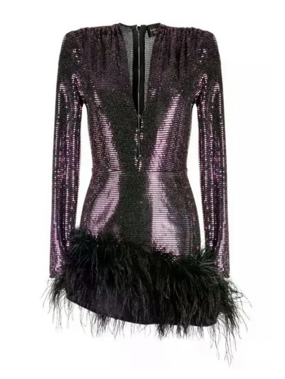 Bronx and Banco Purple Sequin Mini Dress with Black Feather Hem - Picture 2 of 11
